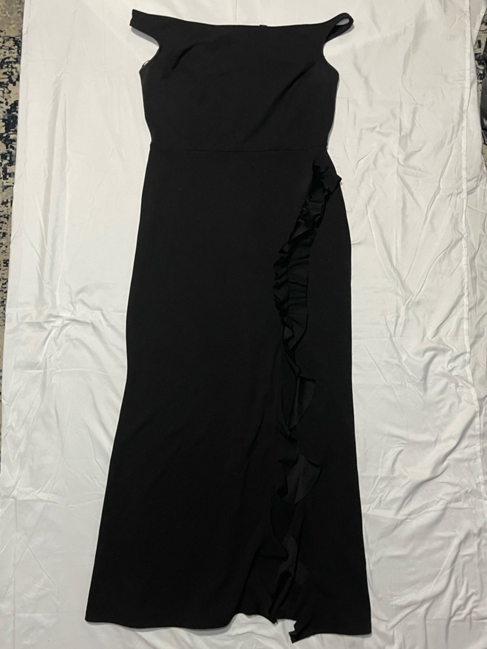 Windsor Black Off-Shoulder Ruffle-Trim High-Low Dress